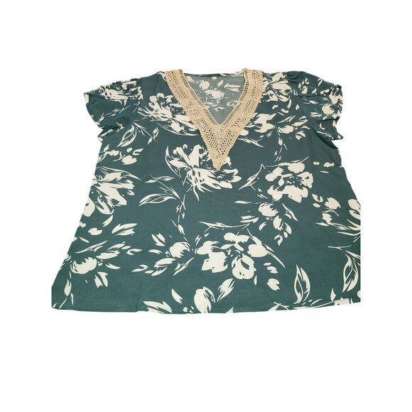 Green Floral Blouse W/ Crochet V-Neckline Womens M - Picture 2 of 6